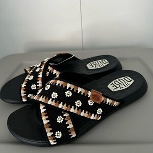 Woman’s Hey Dude Black and Brown Floral Slides size 7